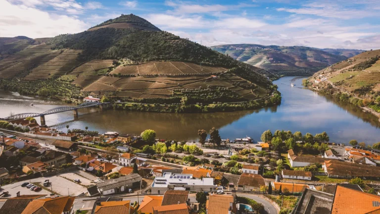 Vista panorâmica do rio Douro e das vinhas em socalcos na Douro Panorama Valley