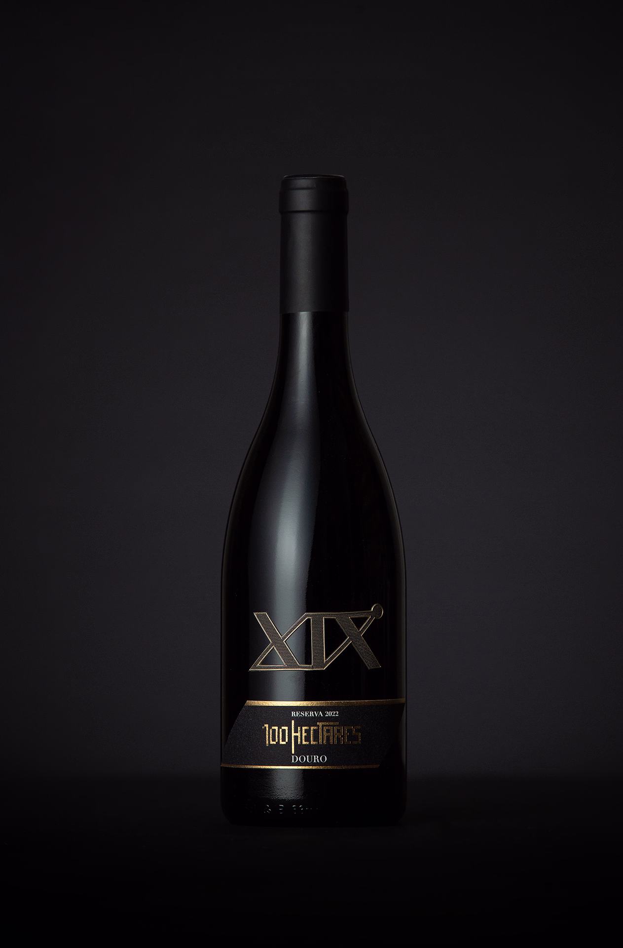 Fotografia profissional do vinho XIX Reserva 2022 100Hectares do Douro destacando garrafa premium com iluminação de estúdio e composição elegante fotografia de vinho Douro fotografia de produto vinho fotografia profissional vinhos vinho Douro Reserva fotografia comercial vinho fotografia garrafa vinho premium