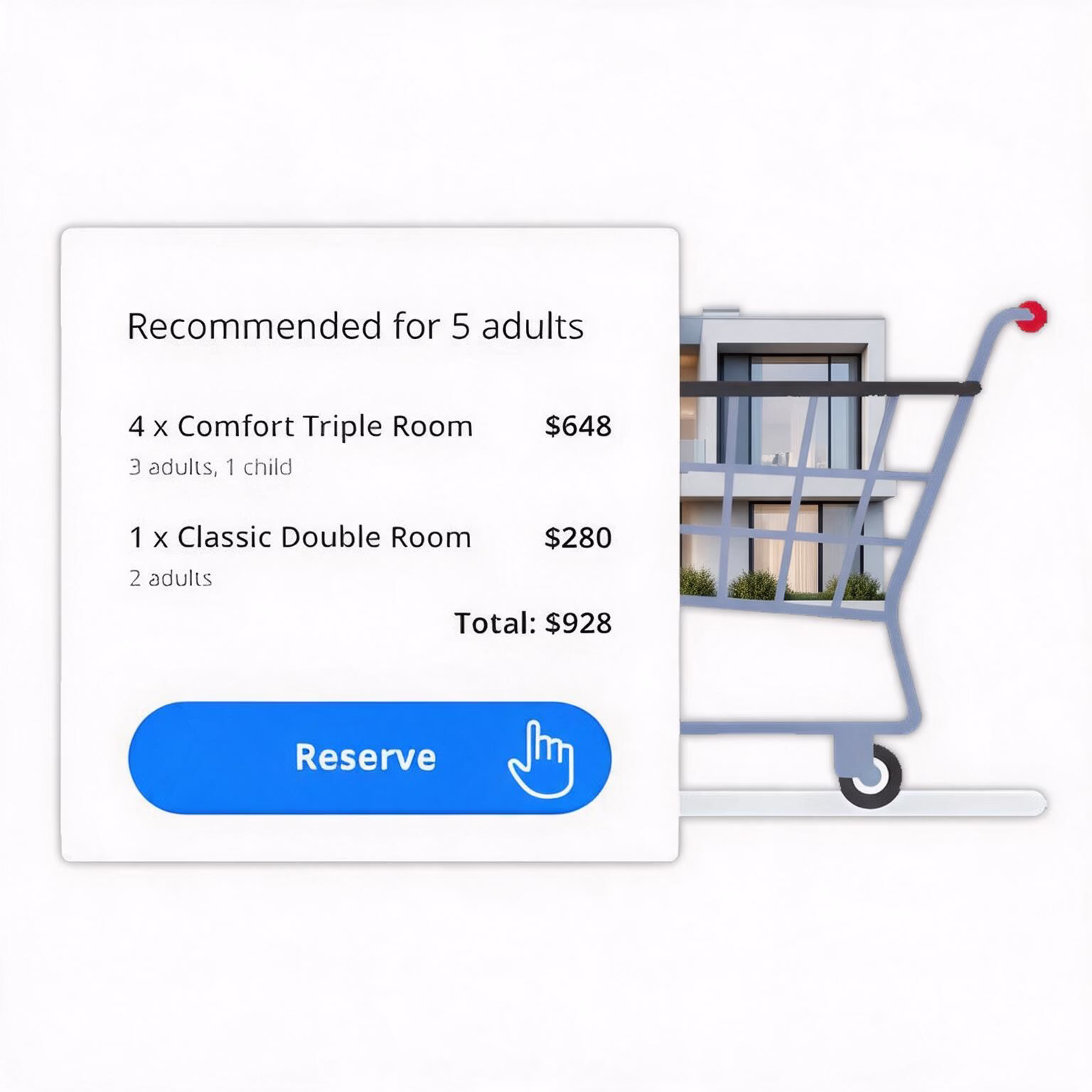 Ecrã de reserva online com recomendação de quartos sistema Hotel Booking